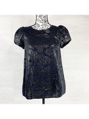 Tibi Brocade Metallic Floral Print Puff Capped Sleeve Top